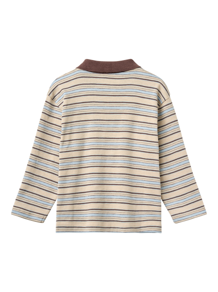 WHEAT Kids' Long Sleeve Striped Polo Shirt, Brown/Multi - view 2, Brown/Multi