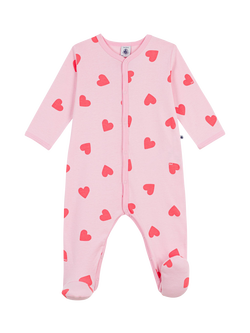 Petit Bateau Baby Pure Cotton Heart Print Sleepsuit, Pink, Pink