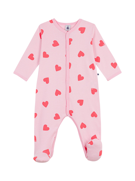 Petit Bateau Baby Pure Cotton Heart Print Sleepsuit, Pink, Pink