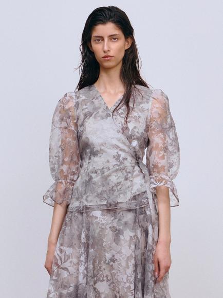 Ida Sjöstedt Mary-Beth Floral Print Wrap Blouse, Grey/White, Grey/White