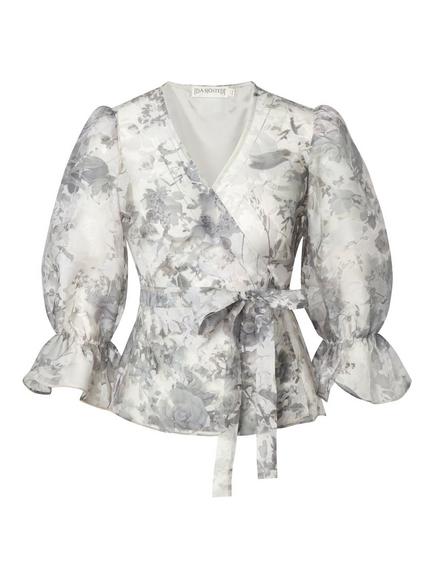 Ida Sjöstedt Mary-Beth Floral Print Wrap Blouse, Grey/White - view 2, Grey/White