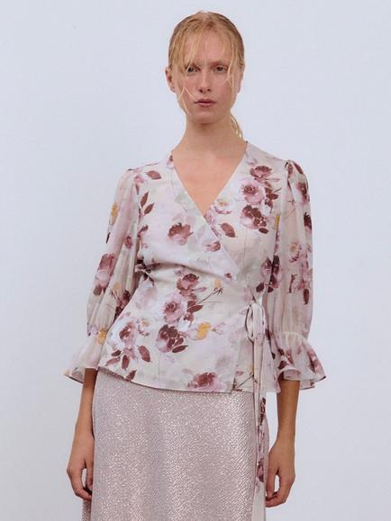 Ida Sjöstedt Mary-Beth Floral Print Wrap Blouse, Pink/Multi, Pink/Multi