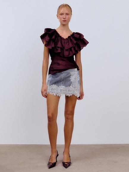 Ida Sjöstedt Eyra Tie Waist Ruffle Top, Burgundy