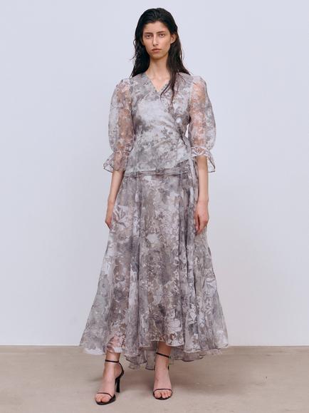 Ida Sjöstedt Gardenia Floral Print Organza Maxi Skirt, Grey, Grey