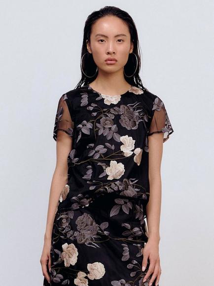 Ida Sjöstedt Lucy Embroidered Tulle Top, Grey Floral, Grey Floral