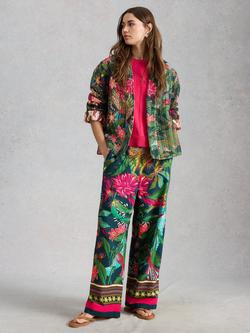 White Stuff Ally Wide Leg Floral Print Cotton Blend Trousers, Green, Green