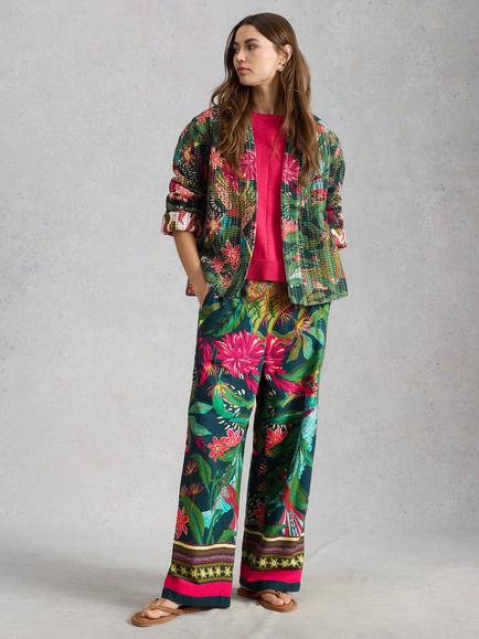 White Stuff Ally Wide Leg Floral Print Cotton Blend Trousers, Green, Green