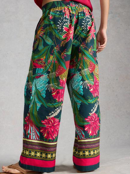 White Stuff Ally Wide Leg Floral Print Cotton Blend Trousers, Green - view 2, Green
