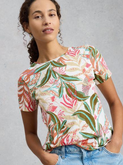 White Stuff Abbie Leaf Print T-Shirt, White/Multi
