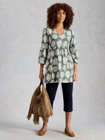 White Stuff Lara V-Neck Tunic, Green Mid, Green Mid