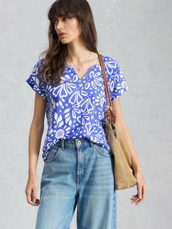White Stuff Nelly Notch Neck T-Shirt, Blue/Multi, Blue/Multi