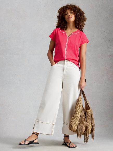 White Stuff Nelly Notch Neck T-Shirt, Pink Bright, Pink Bright