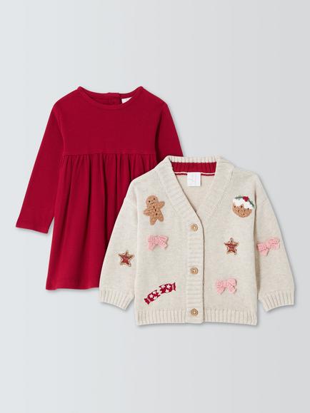 John Lewis Baby Christmas Cardigan & Dress Set, Red/Cream, Red/Cream