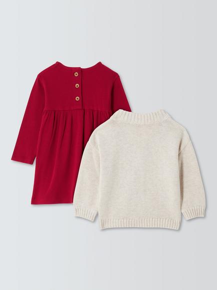 John Lewis Baby Christmas Cardigan & Dress Set, Red/Cream - view 2, Red/Cream