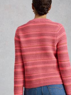 White Stuff Belle Striped Textured Knit Cardigan, Pink/Multi - view 2, Pink/Multi