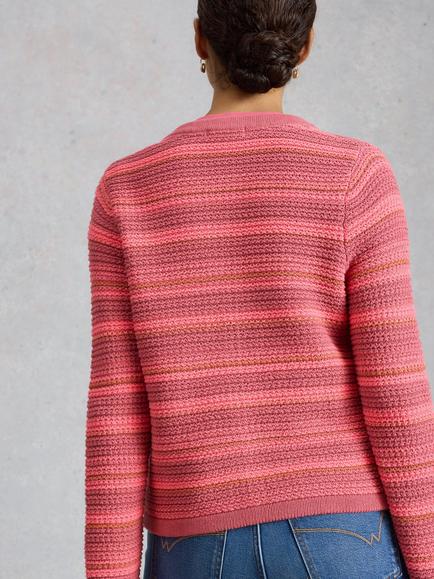 White Stuff Belle Striped Textured Knit Cardigan, Pink/Multi - view 2, Pink/Multi