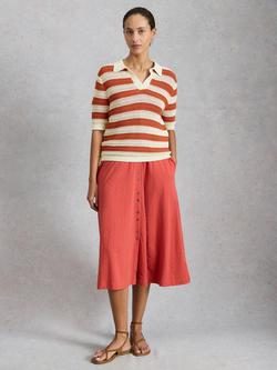White Stuff Cooper Striped Knit Polo Shirt, Brown/Multi, Brown/Multi