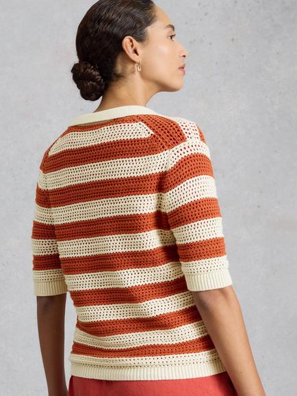 White Stuff Cooper Striped Knit Polo Shirt, Brown/Multi - view 2, Brown/Multi