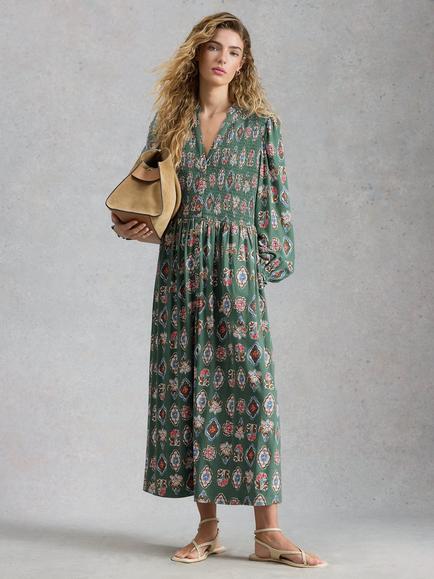 White Stuff Ada Shirred Jersey Dress, Green/Multi