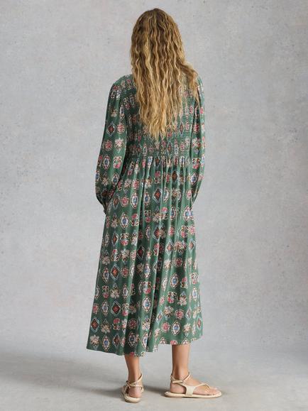 White Stuff Ada Shirred Jersey Dress - view 2, Green/Multi