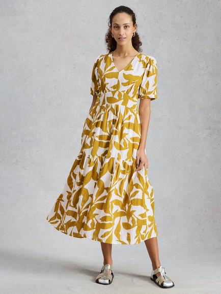 White Stuff Jolene Tiered Midi Dress, Dark Yellow/Multi, Dark Yellow/Multi