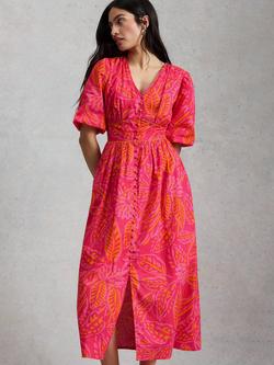 White Stuff Leela Button Front Midi Dress, Pink/Multi, Pink/Multi