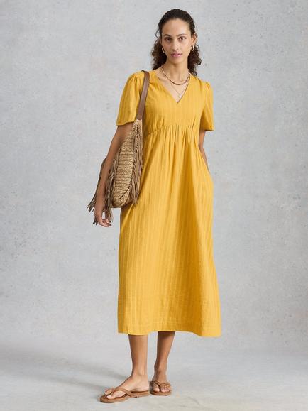 White Stuff Lucy Cotton V-Neck Midi Dress, Yellow