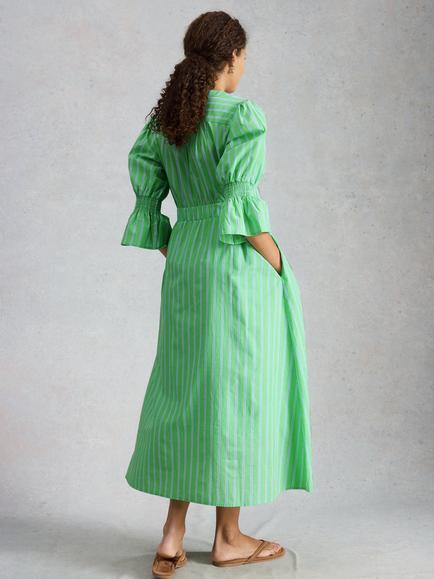 White Stuff Maisie Dress Maisie Cotton Stripe V-Neck Dress, Green - view 2, Green