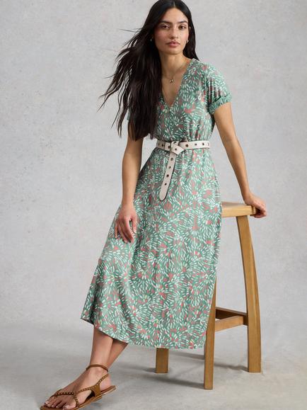 White Stuff Megan Abstract Print Sleeve Midi Dress containing TENCEL™ Modal, Blue/Multi, Blue/Multi
