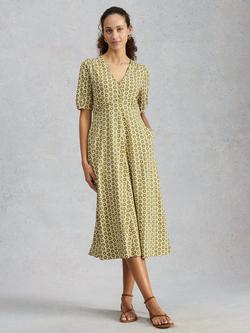 White Stuff Megan Geometric Floral Print Short Sleeve Midi Dress containing TENCEL™ Modal, Green/Multi, Green/Multi