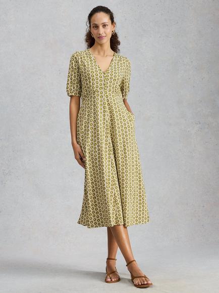White Stuff Megan Geometric Floral Print Short Sleeve Midi Dress containing TENCEL™ Modal, Green/Multi, Green/Multi