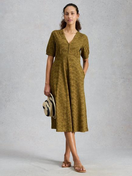 White Stuff Megan Embroidered Floral Cotton Short Sleeve Midi Dress, Khaki, Khaki