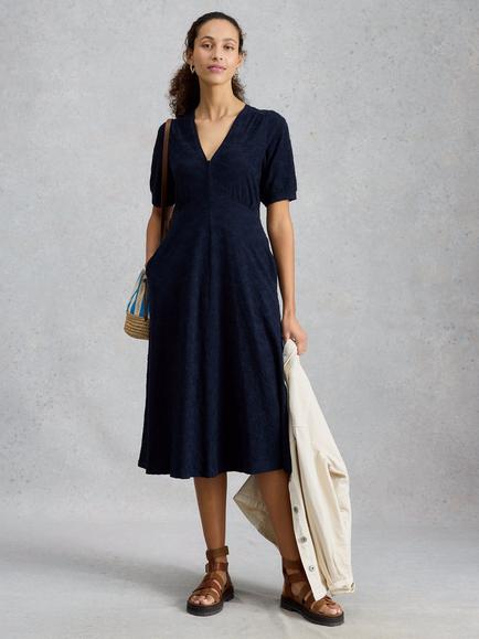 White Stuff Megan Cotton V-Neck Midi Dress, Blue, 