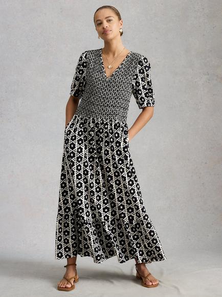 White Stuff Nola Geometric Print Tiered Dress containing TENCEL™ Modal, Black/Multi, Black/Multi