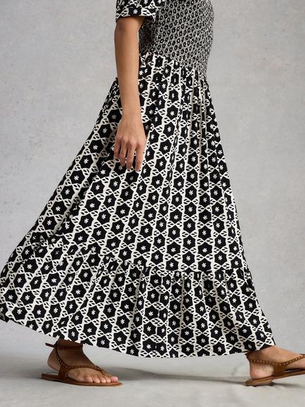 White Stuff Nola Geometric Print Tiered Dress containing TENCEL™ Modal, Black/Multi - view 2, Black/Multi