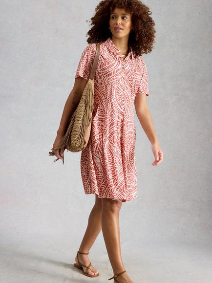 White Stuff Ria Abstract Print Shirt Dress containing TENCEL™ Modal, Pink/Multi, Pink/Multi