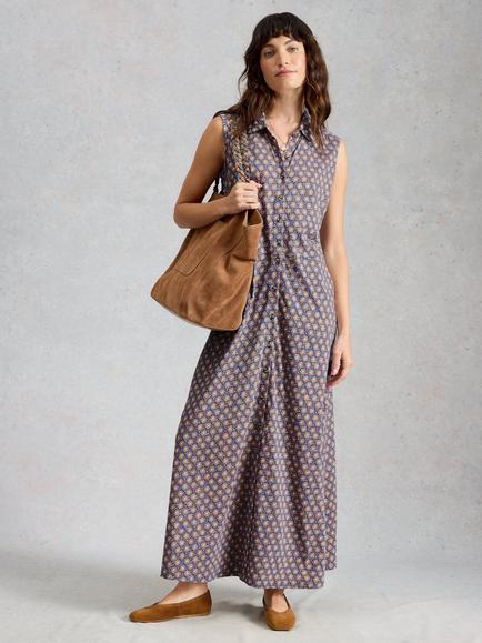 White Stuff Rua Abstract Print Sleeveless Shirt Dress containing TENCEL™ Modal, Blue/Multi, Blue/Multi