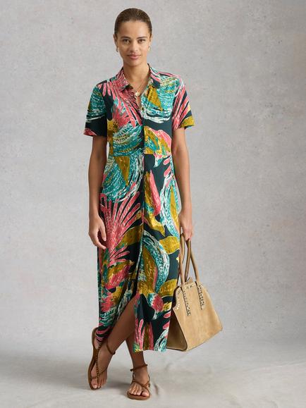 White Stuff Rua Abstract Print Short Sleeve Midi Dress containing TENCEL™ Modal, Multi, Multi