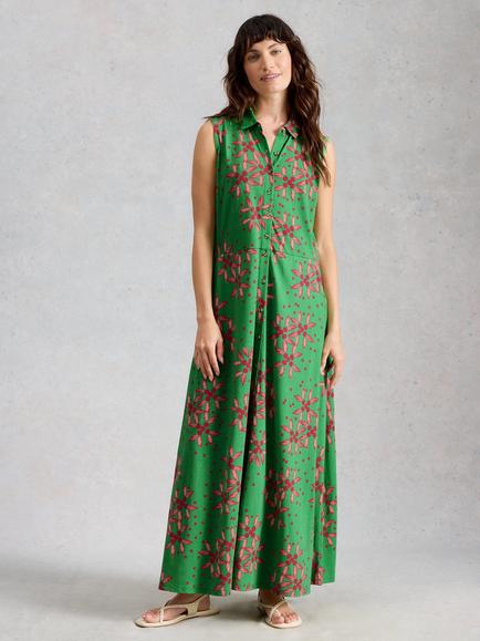 White Stuff Rua Floral Print Sleeveless Shirt Dress containing TENCEL™ Modal, Green/Multi, Green/Multi