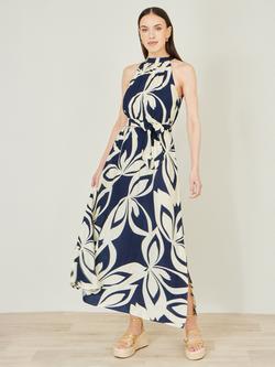 Yumi Geo Swirl Print Halter Maxi Dress, Navy/Cream, Navy/Cream