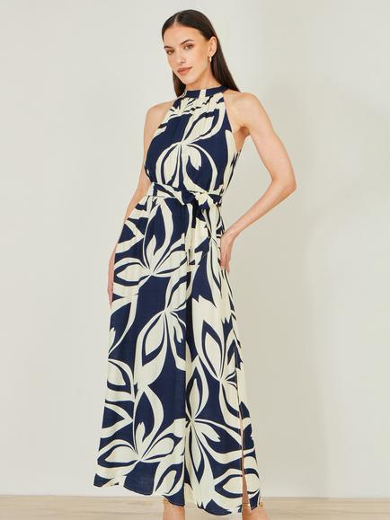 Yumi Geo Swirl Print Halter Maxi Dress, Navy/Cream, Navy/Cream