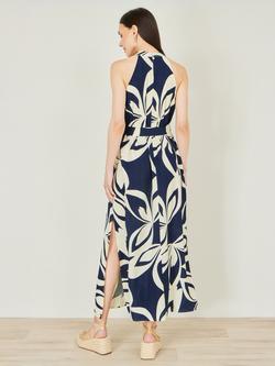 Yumi Geo Swirl Print Halter Maxi Dress, Navy/Cream - view 2, Navy/Cream