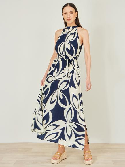 Yumi Geo Swirl Print Halter Maxi Dress, Navy/Cream - view 2, Navy/Cream