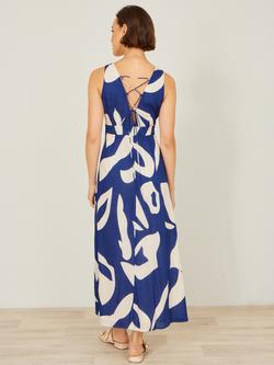 Yumi Sleeveless Abstract Print Tie Back Maxi Dress, Navy - view 2, Navy