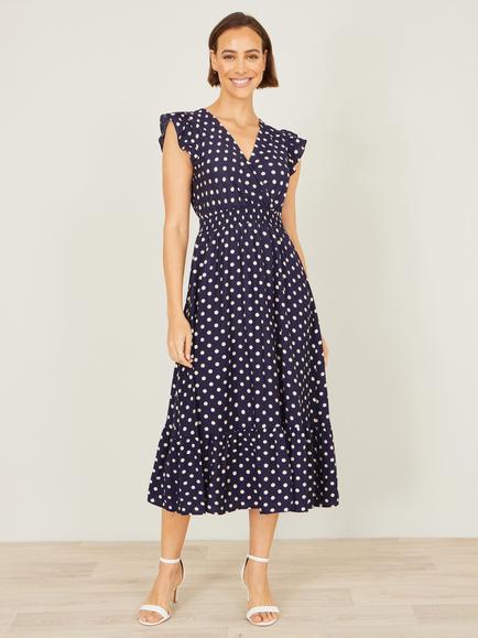 Yumi Spot Ruched Waist Midi Dress, Navy/White, Navy/White