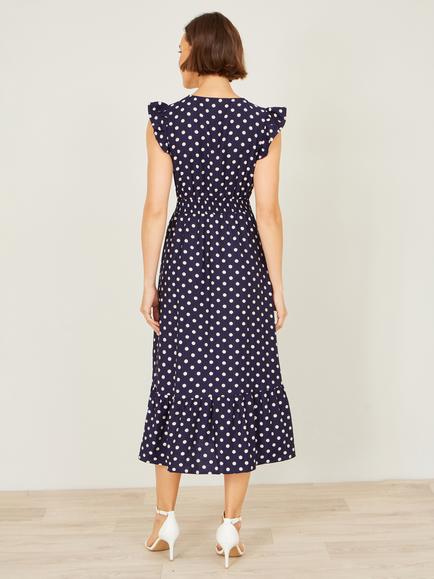 Yumi Spot Ruched Waist Midi Dress, Navy/White - view 2, Navy/White