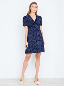 Yumi Spot Print Lace Trim Skater Dress, Navy/White, Navy/White