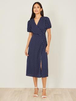 Yumi Puff Sleeve Spot Print Wrap Midi Dress, Navy, Navy