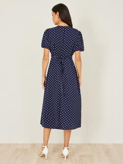 Yumi Puff Sleeve Spot Print Wrap Midi Dress, Navy - view 2, Navy