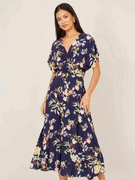 Yumi Short Sleeve V-Neck Floral A-Line Midi Dress, Navy, Navy